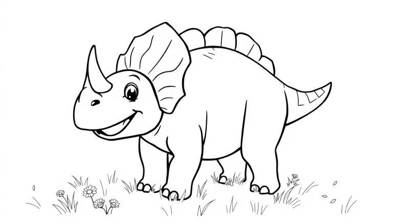 Eine Schwarz-Weiß-Farbtafel eines freundlichen Triceratops, bereit zum Ausmalen.