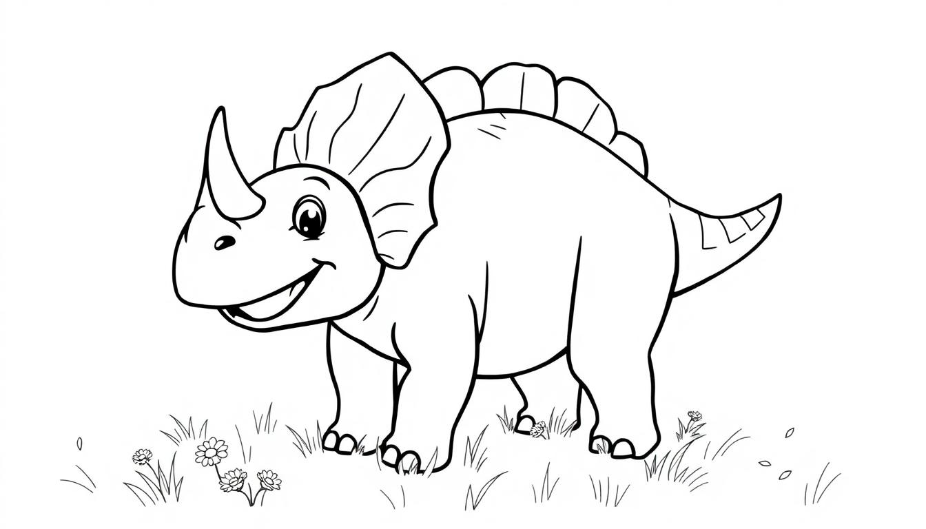 Eine Schwarz-Weiß-Farbtafel eines freundlichen Triceratops, bereit zum Ausmalen.