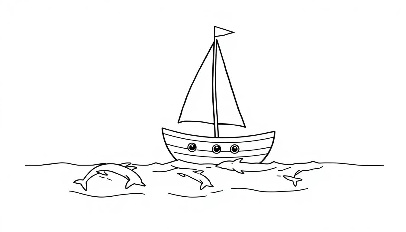 Ein Segelboot mit drei Fenstern, umgeben von springenden und schwimmenden Delfinen auf dem Meer.