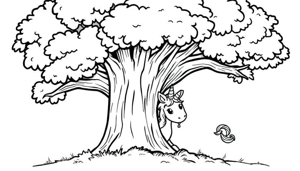 Ein süßes Einhorn versteckt sich hinter einem Baum, bereit zum Ausmalen – eine magische Farbtafel.