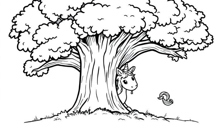Ein süßes Einhorn versteckt sich hinter einem Baum, bereit zum Ausmalen – eine magische Farbtafel.