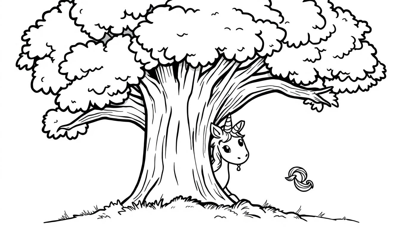 Ein süßes Einhorn versteckt sich hinter einem Baum, bereit zum Ausmalen – eine magische Farbtafel.