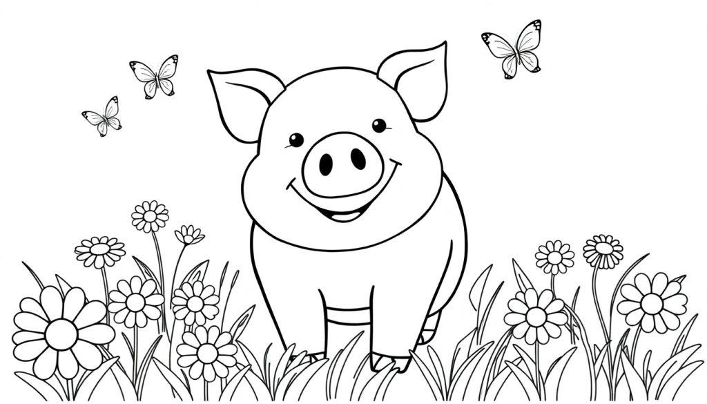 Schwarz-Weiß-Farbtafel eines glücklichen Schweins auf einer Blumenwiese.