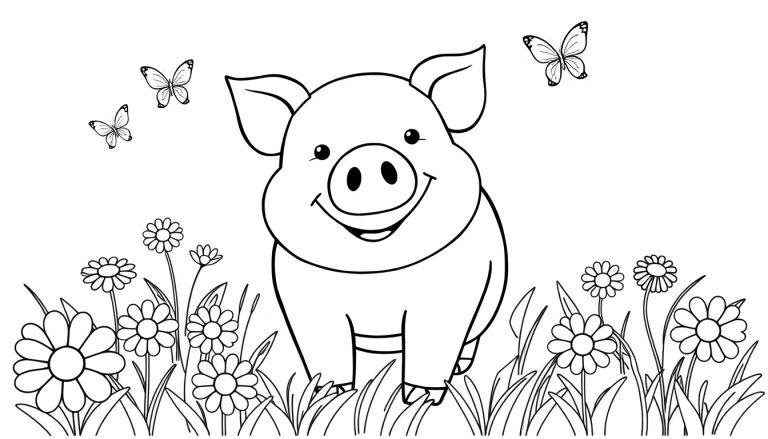 Schwarz-Weiß-Farbtafel eines glücklichen Schweins auf einer Blumenwiese.