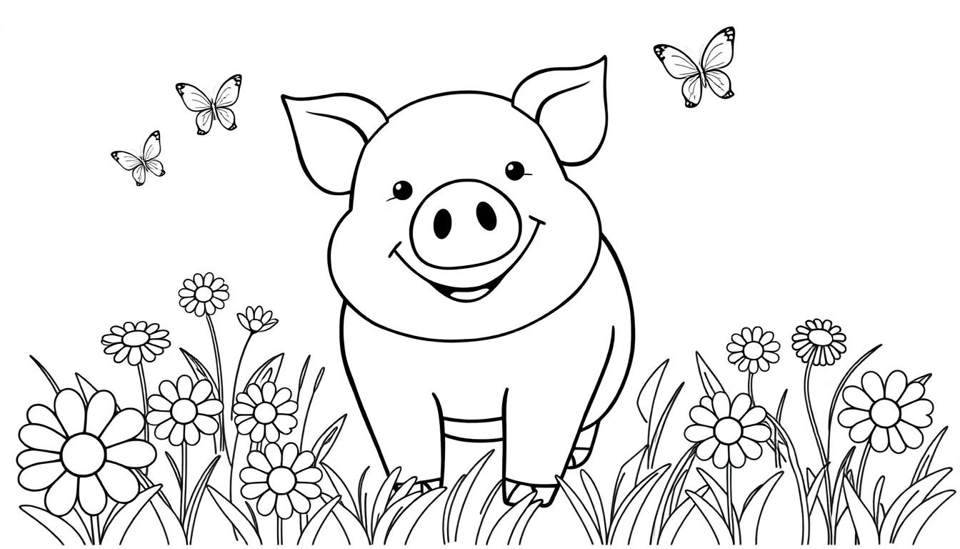 Schwarz-Weiß-Farbtafel eines glücklichen Schweins auf einer Blumenwiese.