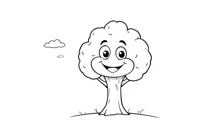 Eine Schwarz-Weiß-Farbtafelzeichnung eines freundlichen Cartoon-Baumes auf einem Hügel.