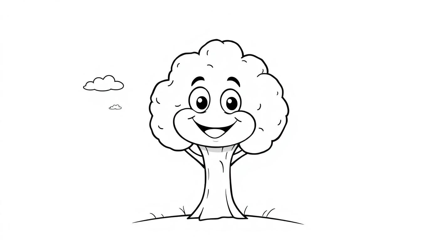 Eine Schwarz-Weiß-Farbtafelzeichnung eines freundlichen Cartoon-Baumes auf einem Hügel.