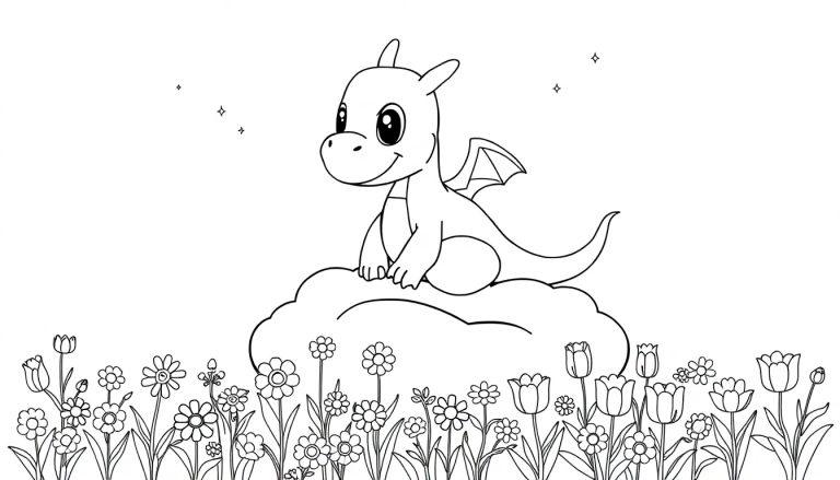 Schwarz-Weiß-Farbtafel eines freundlichen Drachen auf einer Wolke über Blumen.