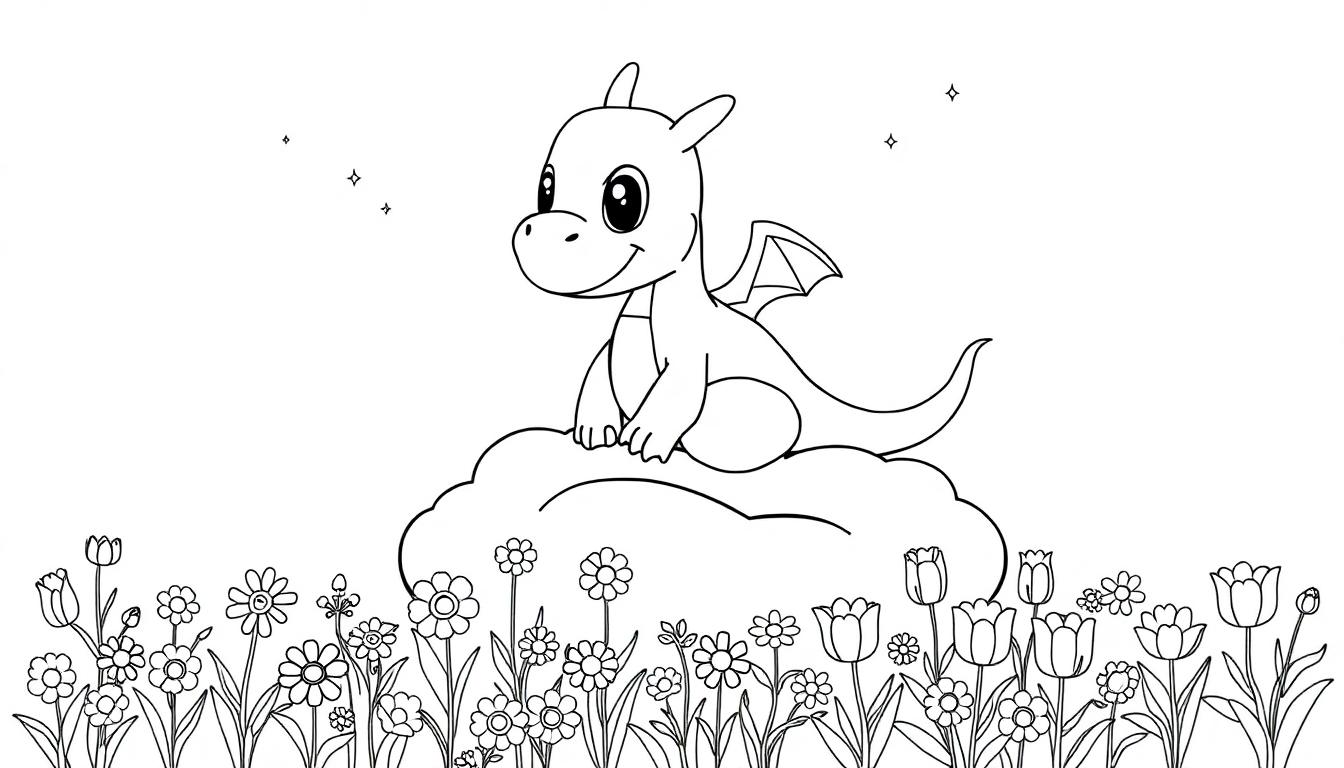 Schwarz-Weiß-Farbtafel eines freundlichen Drachen auf einer Wolke über Blumen.