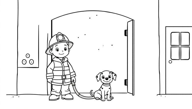 Eine Schwarz-Weiß-Farbtafel eines kleinen Feuerwehrmanns und seines Dalmatiners vor einem Feuerwehrhaus.