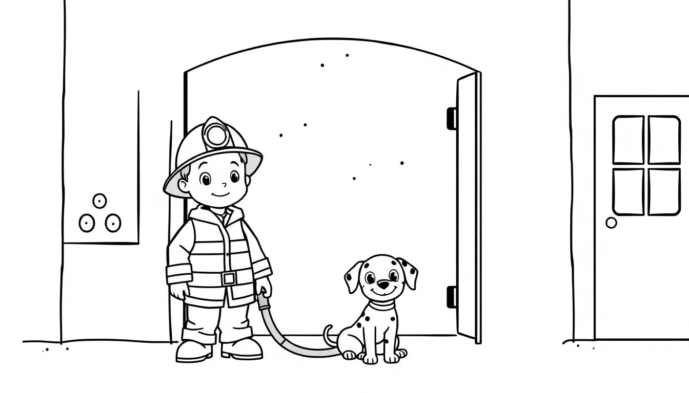 Eine Schwarz-Weiß-Farbtafel eines kleinen Feuerwehrmanns und seines Dalmatiners vor einem Feuerwehrhaus.