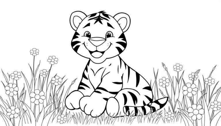 Ein süßes Tigerbaby sitzt in einer Wiese voller Gänseblümchen, bereit zum Ausmalen.