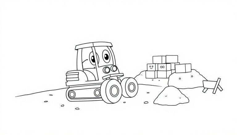Schwarz-Weiß-Farbtafel: Ein freundlicher Cartoon-Traktor mit Raupen steht auf einer leichten Neigung neben Bausteinen und einer Schubkarre.