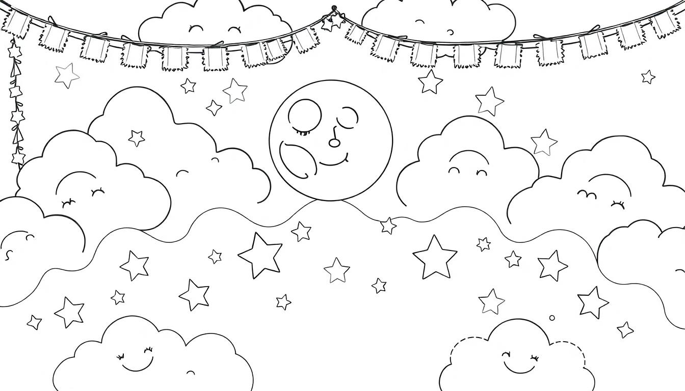 Schwarz-weiße Illustration des Nachthimmels mit einem schläfrigen Mond, verschiedenen Wolken und Sternen. Girlanden aus Sternen und Bannern hängen oben im Bild.