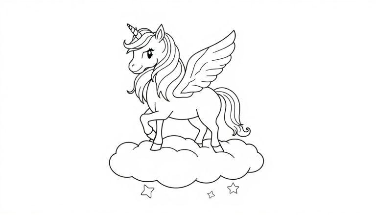 Eine Farbtafel-Illustration eines geflügelten Einhorns auf einer Wolke.