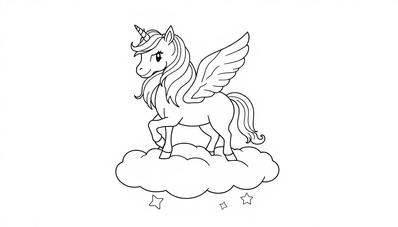 Eine Farbtafel-Illustration eines geflügelten Einhorns auf einer Wolke.