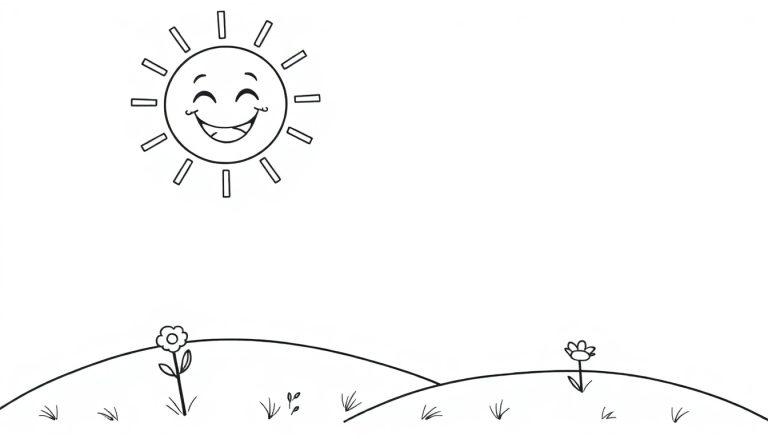 Eine schwarz-weiße Farbtafel-Zeichnung einer fröhlichen Sonne, die über zwei Hügeln mit je einer Blume scheint.