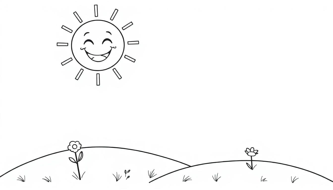 Eine schwarz-weiße Farbtafel-Zeichnung einer fröhlichen Sonne, die über zwei Hügeln mit je einer Blume scheint.