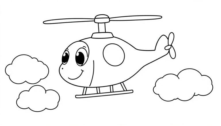 Schwarz-weiße Farbtafel eines freundlichen Cartoon-Hubschraubers, der durch Wolken fliegt.