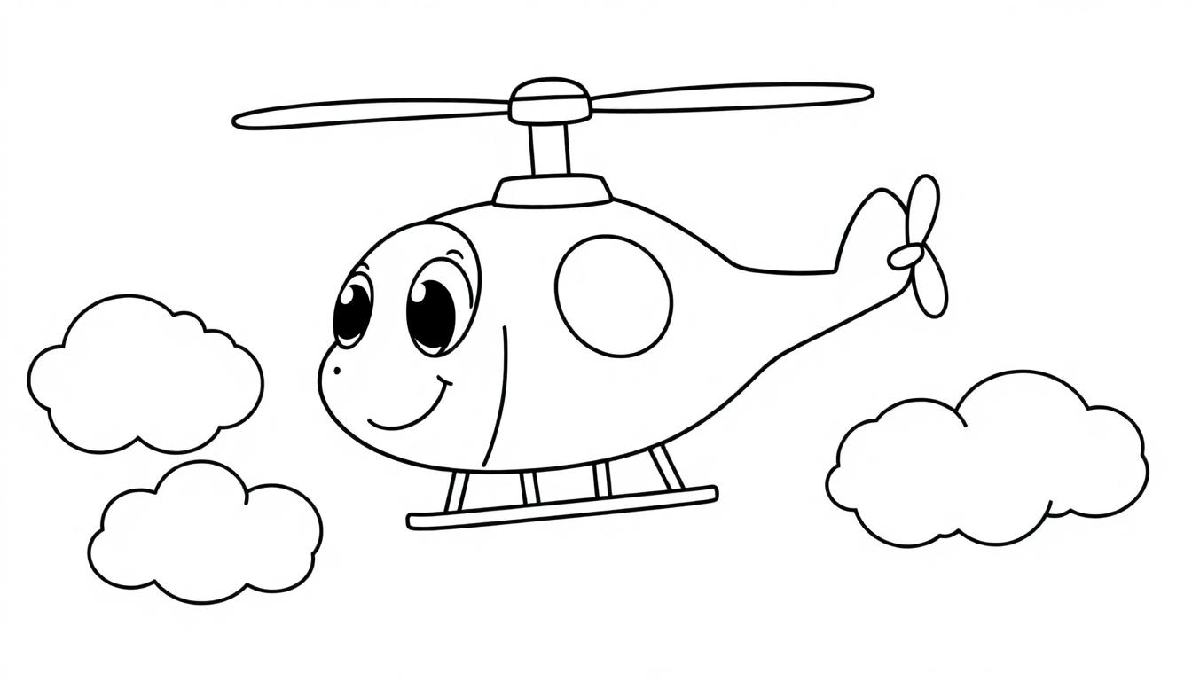 Schwarz-weiße Farbtafel eines freundlichen Cartoon-Hubschraubers, der durch Wolken fliegt.