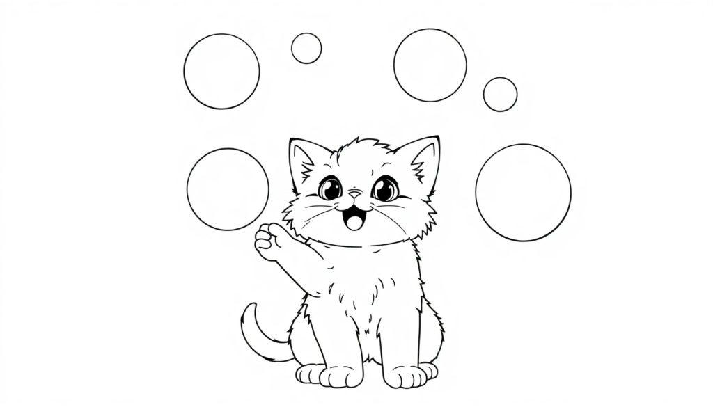 Eine niedliche Schwarz-Weiß-Katzen-Farbtafel, die nach bunten Kreisen greift.