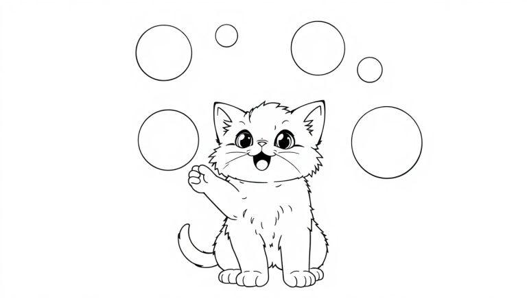 Eine niedliche Schwarz-Weiß-Katzen-Farbtafel, die nach bunten Kreisen greift.