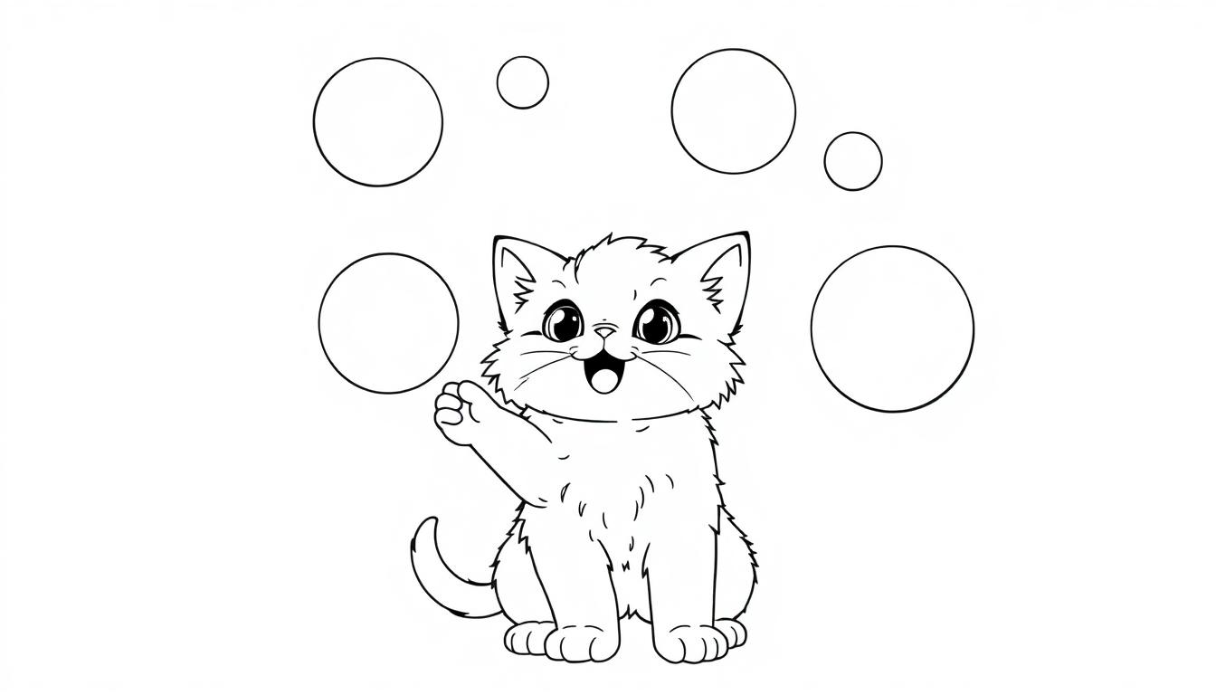 Eine niedliche Schwarz-Weiß-Katzen-Farbtafel, die nach bunten Kreisen greift.