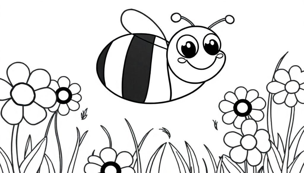 Eine niedliche Zeichentrickbiene mit gelbem und schwarzem Körper fliegt über einem Feld mit Gänseblümchen. Schwarz-weiß für Malspaß, eine Farbtafel.