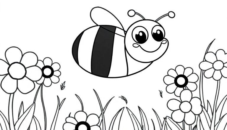 Eine niedliche Zeichentrickbiene mit gelbem und schwarzem Körper fliegt über einem Feld mit Gänseblümchen. Schwarz-weiß für Malspaß, eine Farbtafel.
