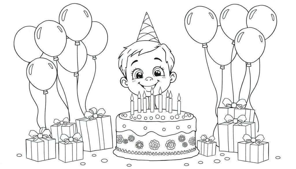 Schwarz-weiße Farbtafel eines glücklichen Kindes in einem Geburtstagshut mit einem Kuchen, Luftballons und Geschenken.