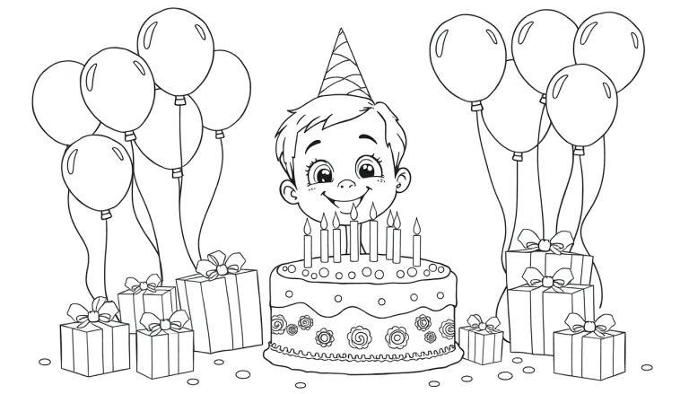 Schwarz-weiße Farbtafel eines glücklichen Kindes in einem Geburtstagshut mit einem Kuchen, Luftballons und Geschenken.
