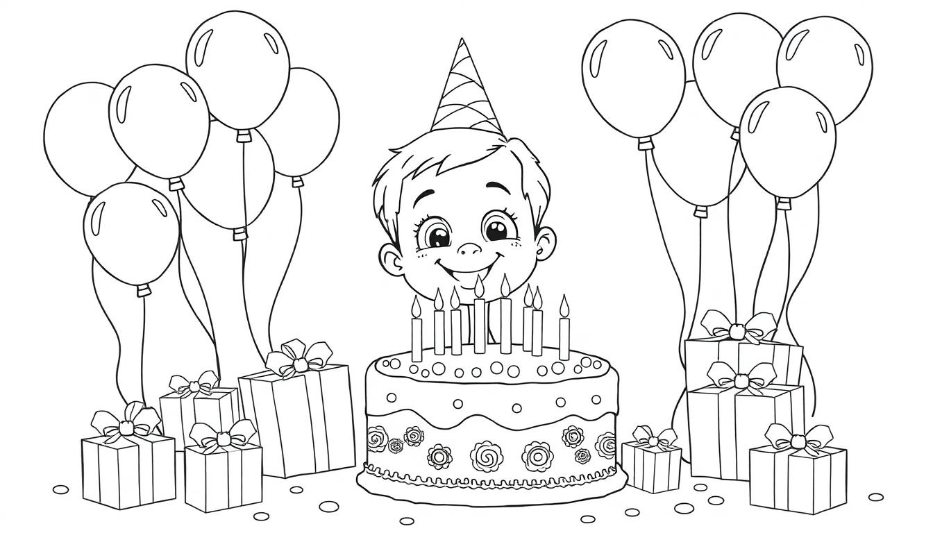 Schwarz-weiße Farbtafel eines glücklichen Kindes in einem Geburtstagshut mit einem Kuchen, Luftballons und Geschenken.