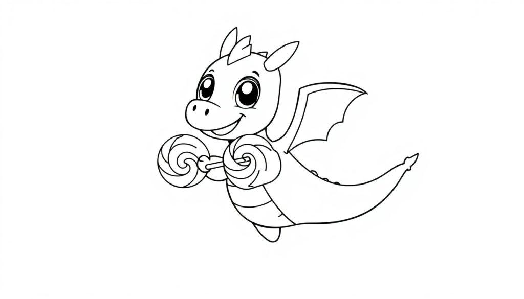 Ein süßer Chibi-Drache hält einen großen bunten Lutscher und fliegt durch die Luft, eine lustige Farbtafel.