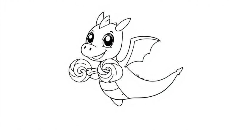 Ein süßer Chibi-Drache hält einen großen bunten Lutscher und fliegt durch die Luft, eine lustige Farbtafel.