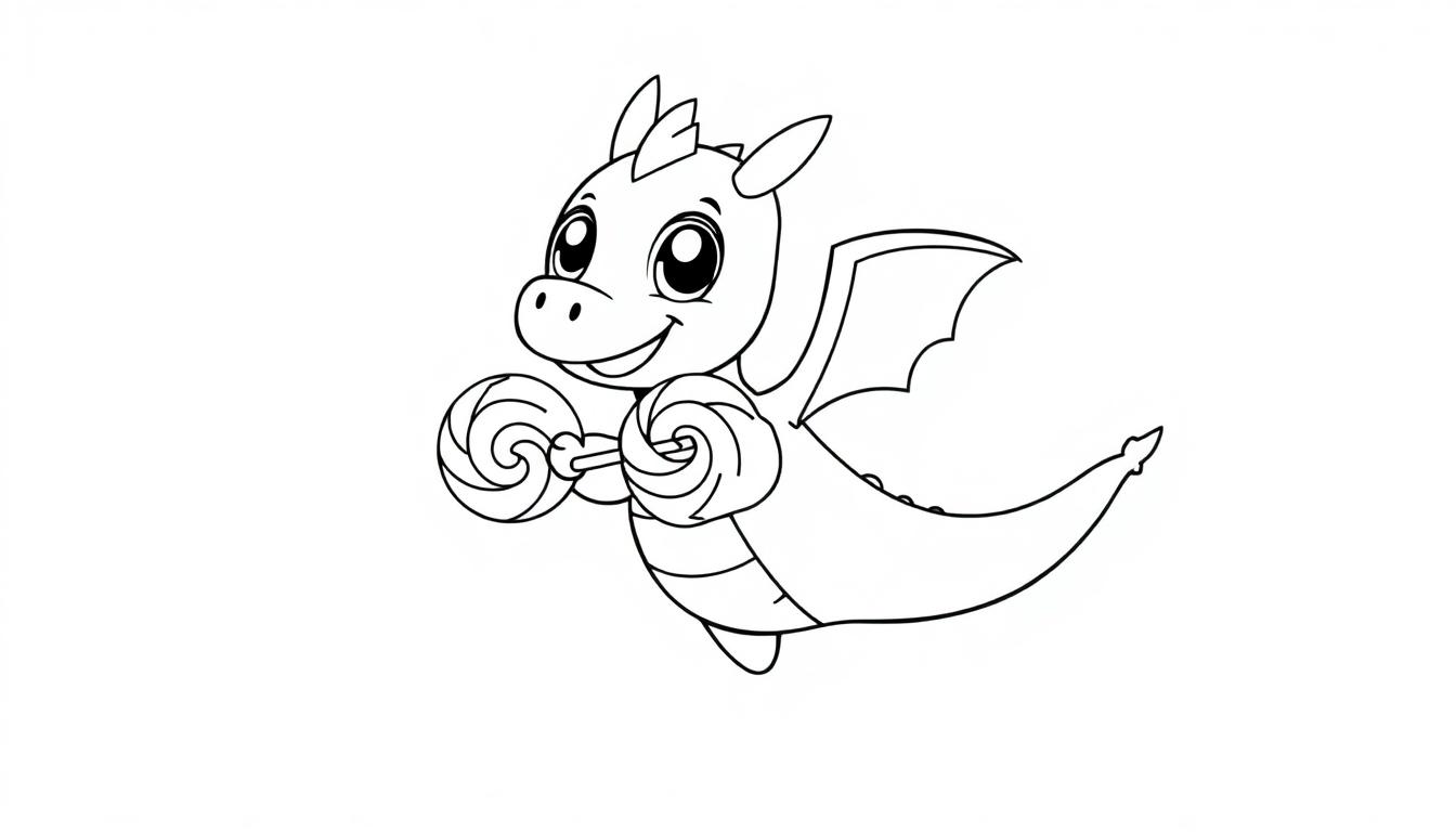 Ein süßer Chibi-Drache hält einen großen bunten Lutscher und fliegt durch die Luft, eine lustige Farbtafel.