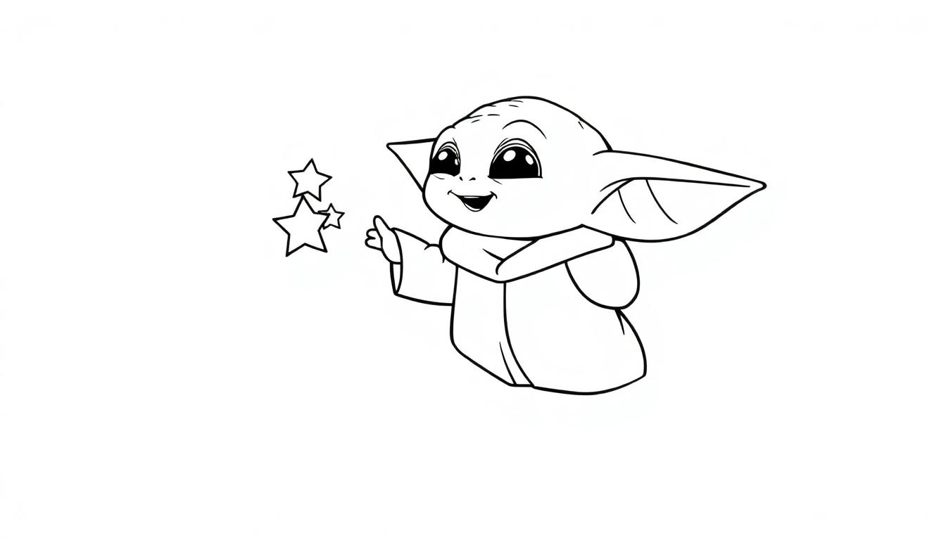 Farbtafel: Baby Yoda streckt seine Hand nach Sternen aus.