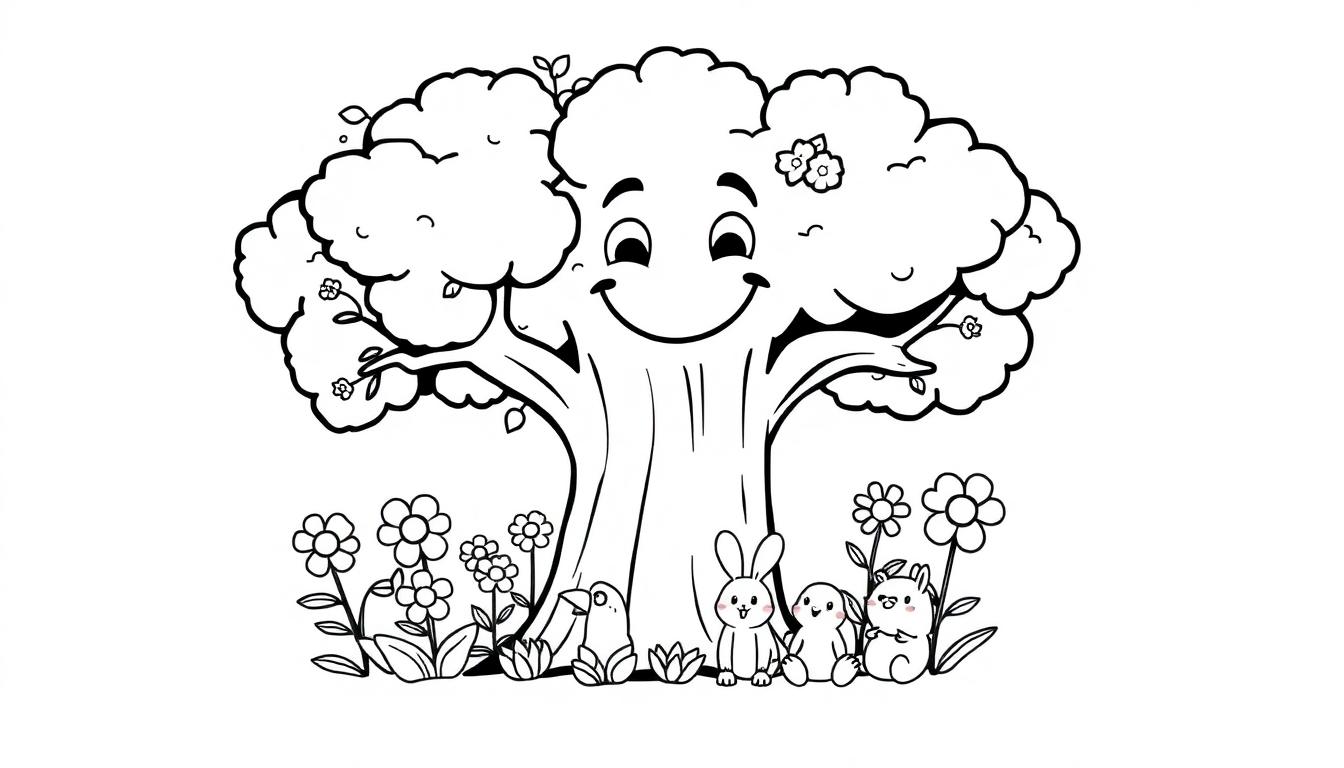 Schwarz-weiße Cartoon-Illustration eines lächelnden Baumes mit Hasen und einem Vogel unter sich.
