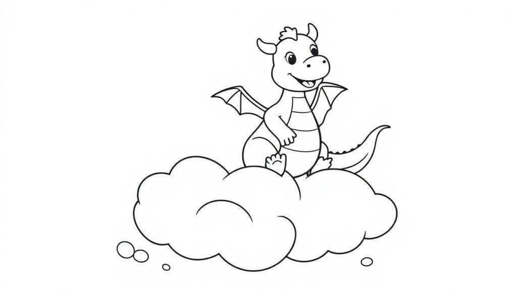 Ein freundlicher, Cartoon-Drache mit kleinen Hörnern und Flügeln winkt von einer flauschigen Wolke. Dies ist eine Schwarz-Weiß-Farbtafel.