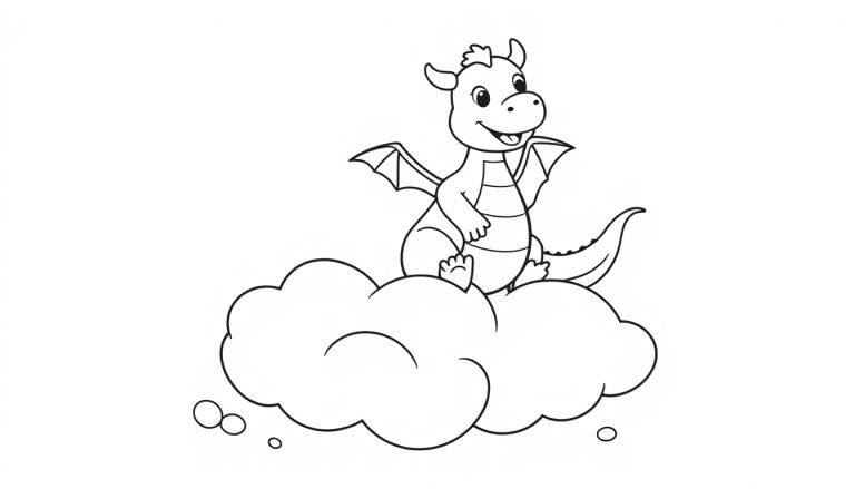 Ein freundlicher, Cartoon-Drache mit kleinen Hörnern und Flügeln winkt von einer flauschigen Wolke. Dies ist eine Schwarz-Weiß-Farbtafel.