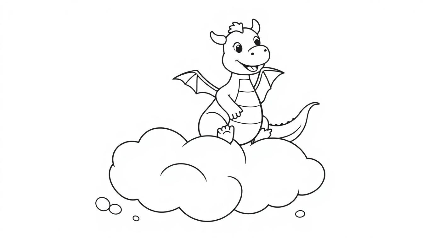 Ein freundlicher, Cartoon-Drache mit kleinen Hörnern und Flügeln winkt von einer flauschigen Wolke. Dies ist eine Schwarz-Weiß-Farbtafel.