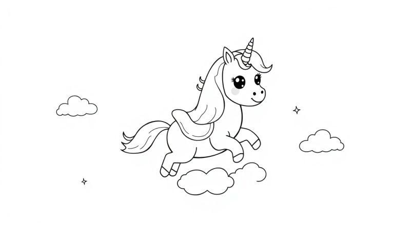 Schwarz-weiße Farbtafel-Illustration eines niedlichen Cartoon-Einhorns mit wirbelndem Horn, fließender Mähne und einem Schwanz, das durch den Himmel schwebt, umgeben von Wolken und Sternen.