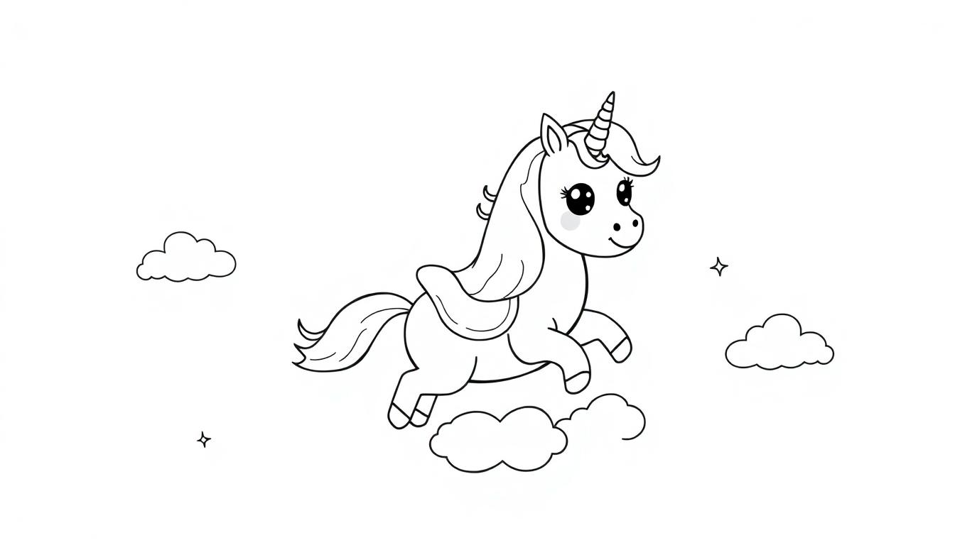 Schwarz-weiße Farbtafel-Illustration eines niedlichen Cartoon-Einhorns mit wirbelndem Horn, fließender Mähne und einem Schwanz, das durch den Himmel schwebt, umgeben von Wolken und Sternen.