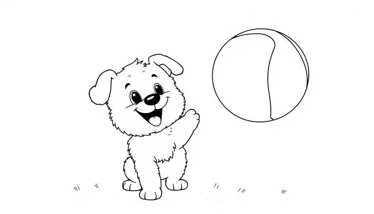 Ein fröhlicher Cartoon-Hund greift nach einem großen Ball, bereit zum Ausmalen als Farbtafel.