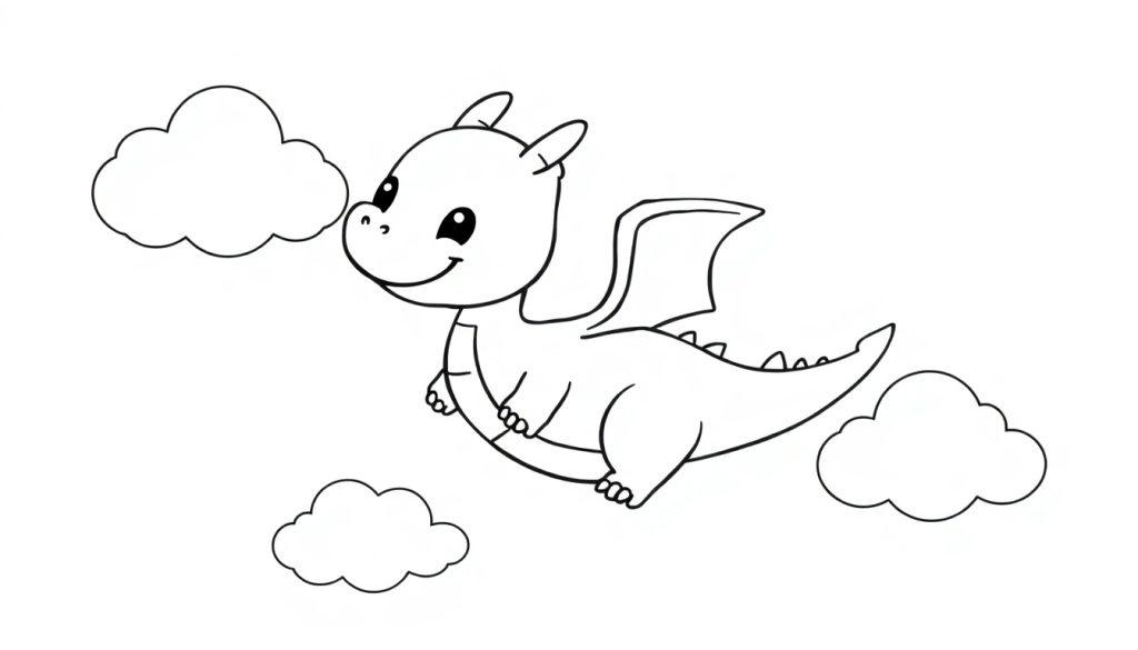 Niedliche schwarz-weiße Farbtafel eines kleinen Drachen, der in den Wolken fliegt.