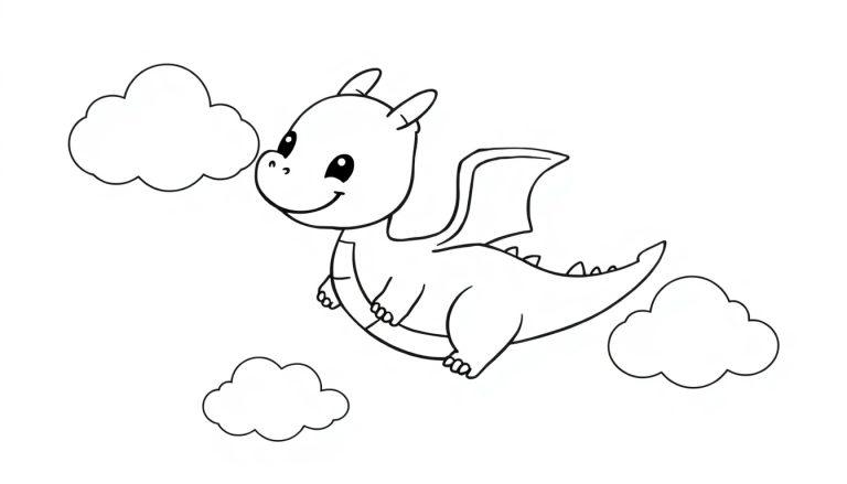 Niedliche schwarz-weiße Farbtafel eines kleinen Drachen, der in den Wolken fliegt.