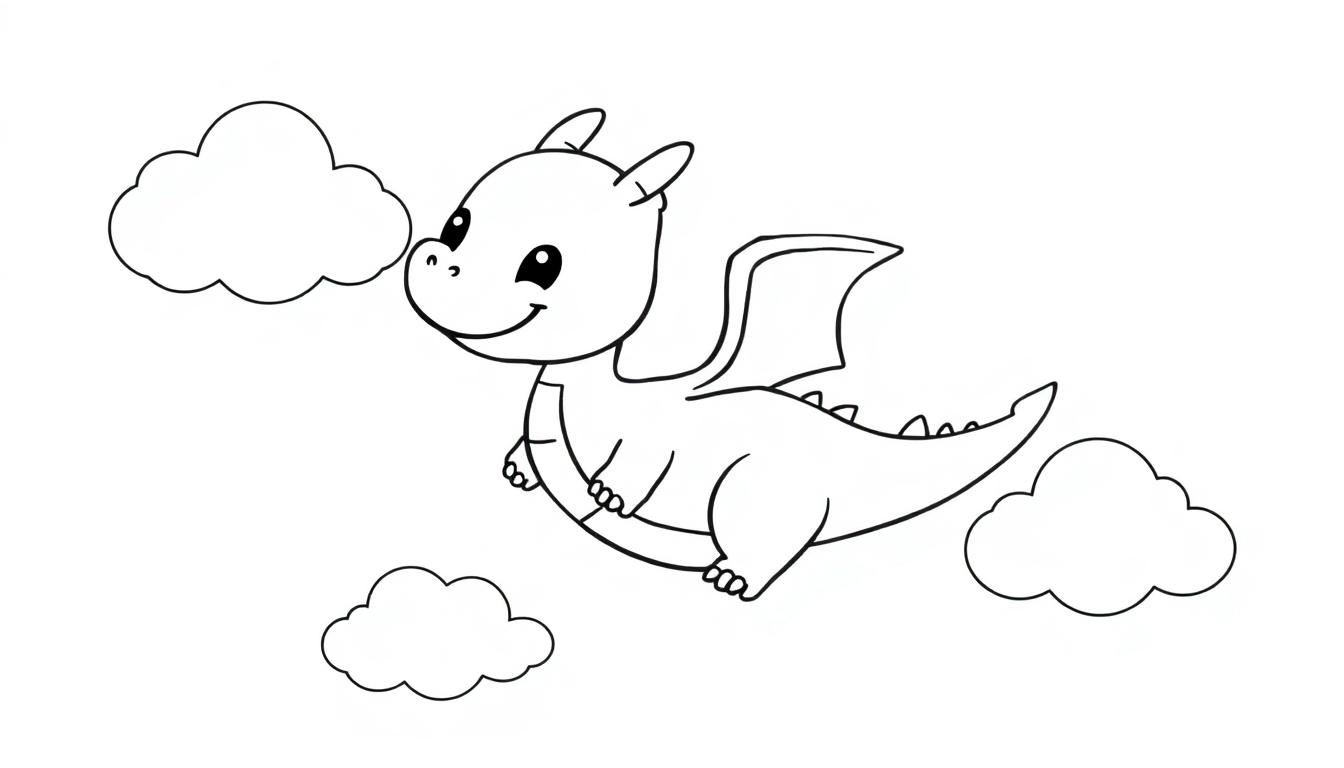 Niedliche schwarz-weiße Farbtafel eines kleinen Drachen, der in den Wolken fliegt.