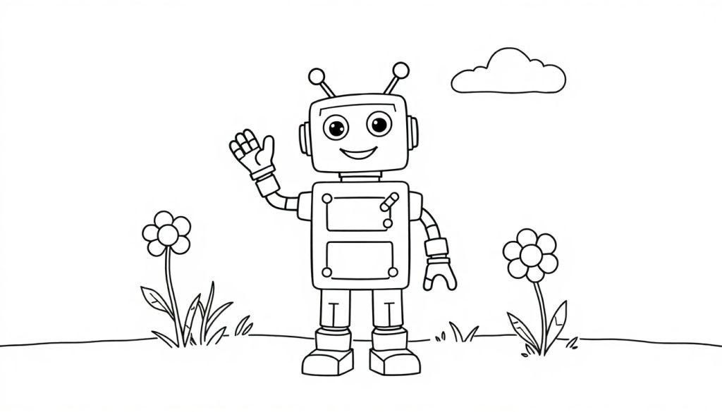 Schwarz-Weiß-Farbtafel-Illustration eines freundlichen Cartoon-Roboters, der auf einer grünen Wiese steht und winkt, mit einer Wolke am Himmel.