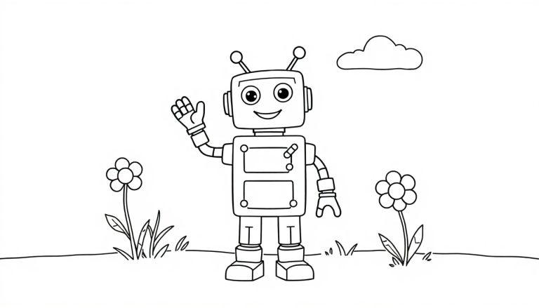 Schwarz-Weiß-Farbtafel-Illustration eines freundlichen Cartoon-Roboters, der auf einer grünen Wiese steht und winkt, mit einer Wolke am Himmel.