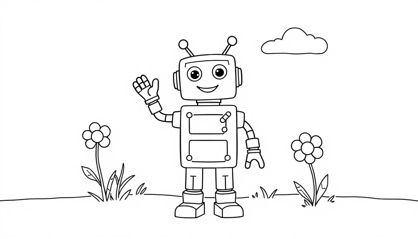 Schwarz-Weiß-Farbtafel-Illustration eines freundlichen Cartoon-Roboters, der auf einer grünen Wiese steht und winkt, mit einer Wolke am Himmel.