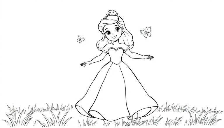 Eine schwarz-weiße Farbtafel-Zeichnung einer lächelnden Cartoon-Prinzessin mit ausgestreckten Armen auf einer Wiese, umgeben von Schmetterlingen.